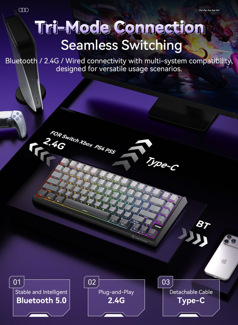 مسافر الكثبان لوحة مفاتيح ميكانيكية DV-N75 بتصميم 75% مع دعم الاتصال ثلاثي الأوضاع، ونظام عزل من 5 طبقات، ودعم التبديل السريع للمفاتيح (Hot-Swap)، وإضاءة RGB، وبرمجة ماكرو مخصصة - Image 3